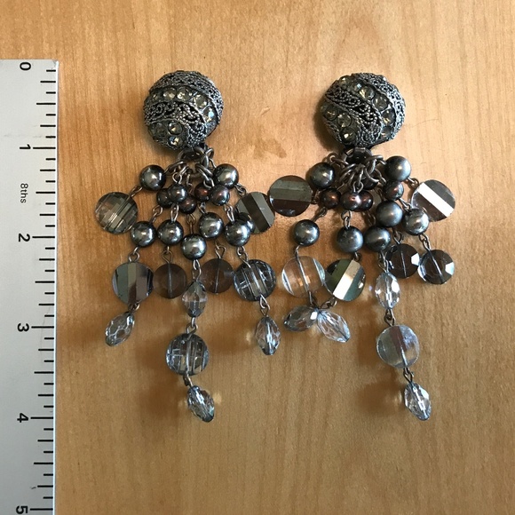 Vintage Elegant Goth Clip On Earrings Silver with Rhinestones - Picture 2 of 3